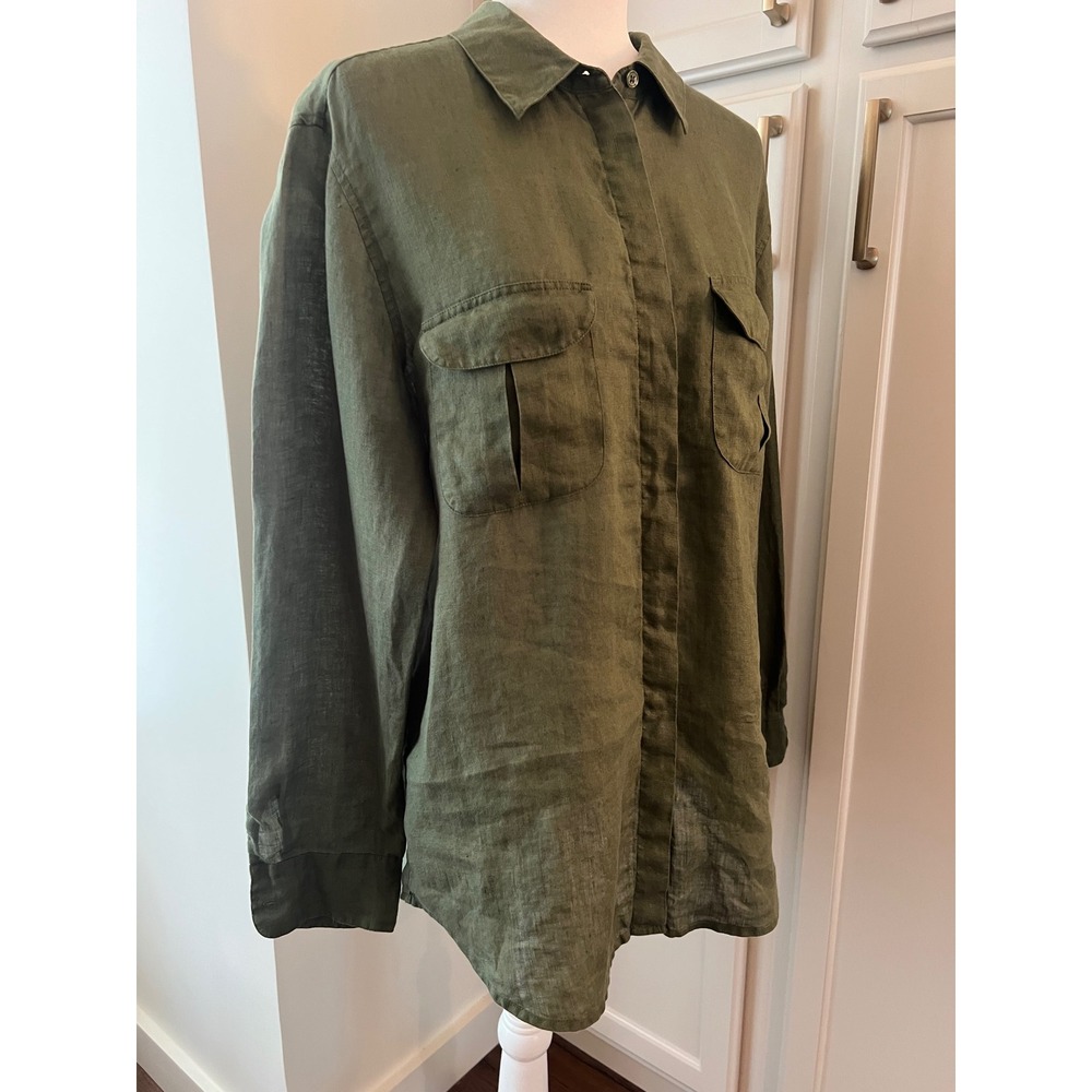 Equipment Olive Green 100% Linen Button Down Utility Shirt Medium - Picture 2 of 9